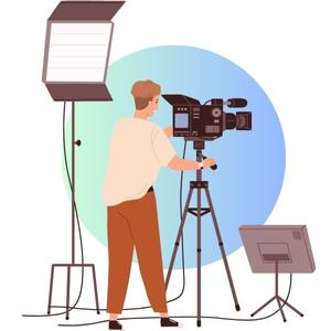 crew member working a television camera in a production studio