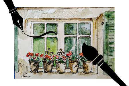 pen and ink with watercolor