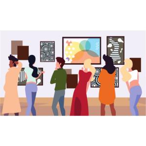 people viewing art at a festive reception